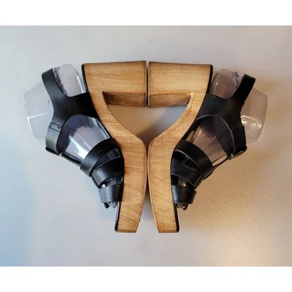 Anthropologie Silent D Italian Black Leather Wooden Fisherman Heels Sz 41 - Picture 6 of 11